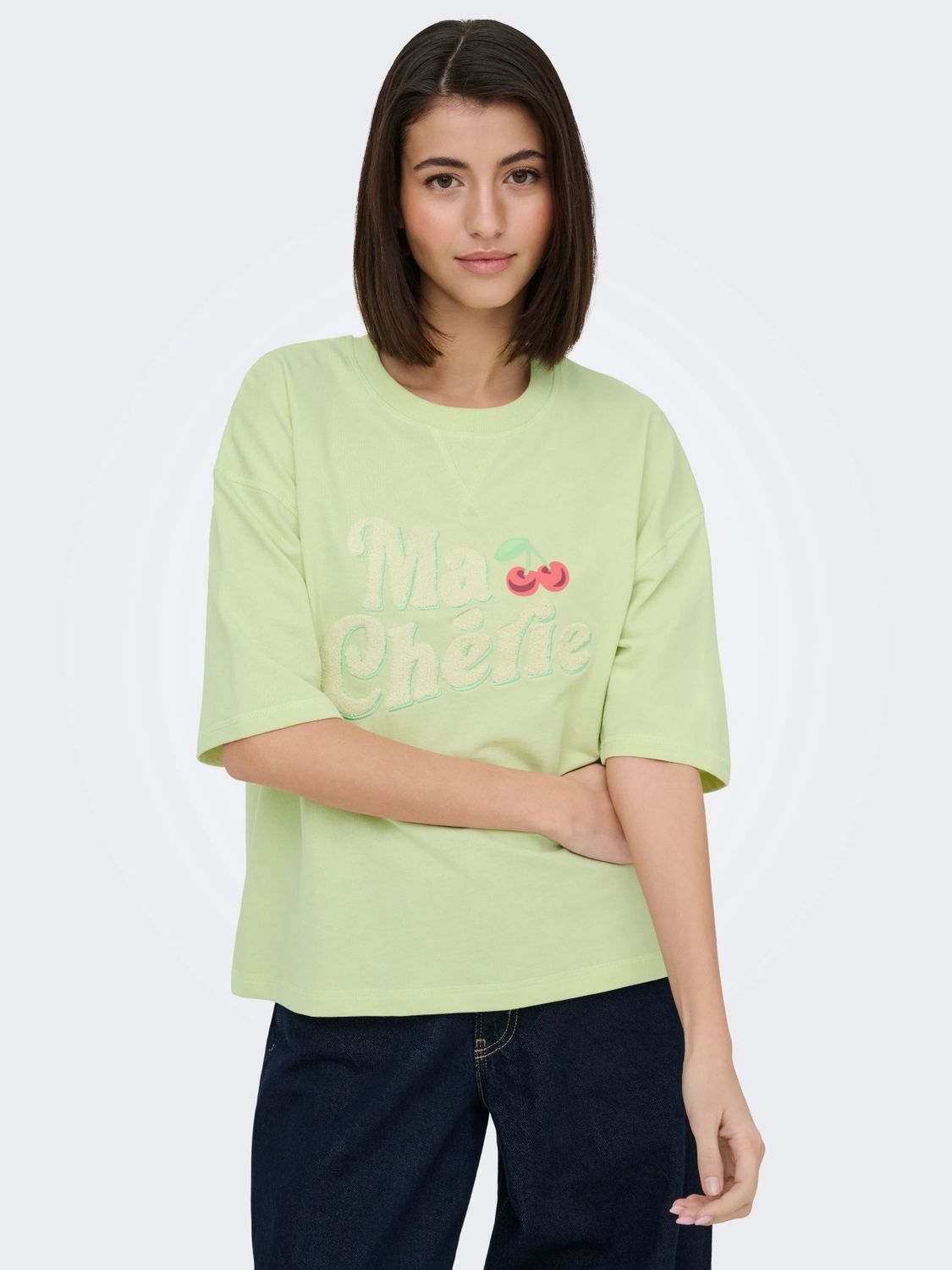 JDY T-Shirt ample col rond style sweat manches courtes Ma Cherie vert menthe 15350423