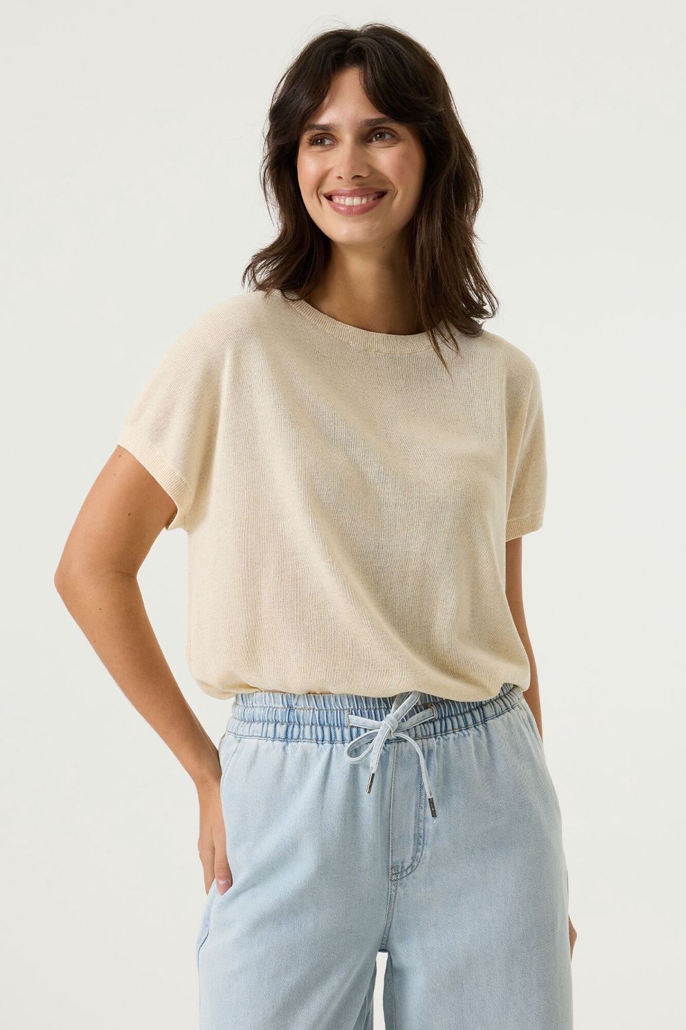 Garcia Chandail tricot léger beige col rond petites manches courtes P260244