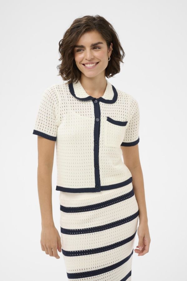 Kaffe Cardigan offwhite manches courtes bordure marine 10511645