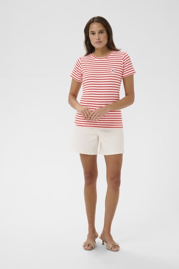 Kaffe Chandail offwhite manches courtes rayures Poppy Red broderie fleur 10511591