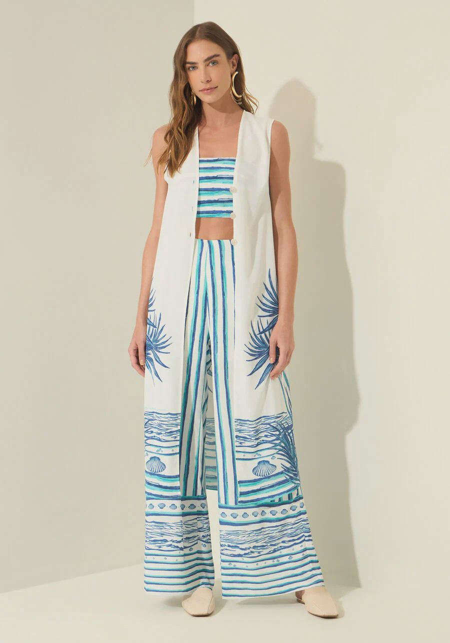 Lezalez Blouse tunique ouverte avec bandeau offwhite et bleu turquoise 3552E