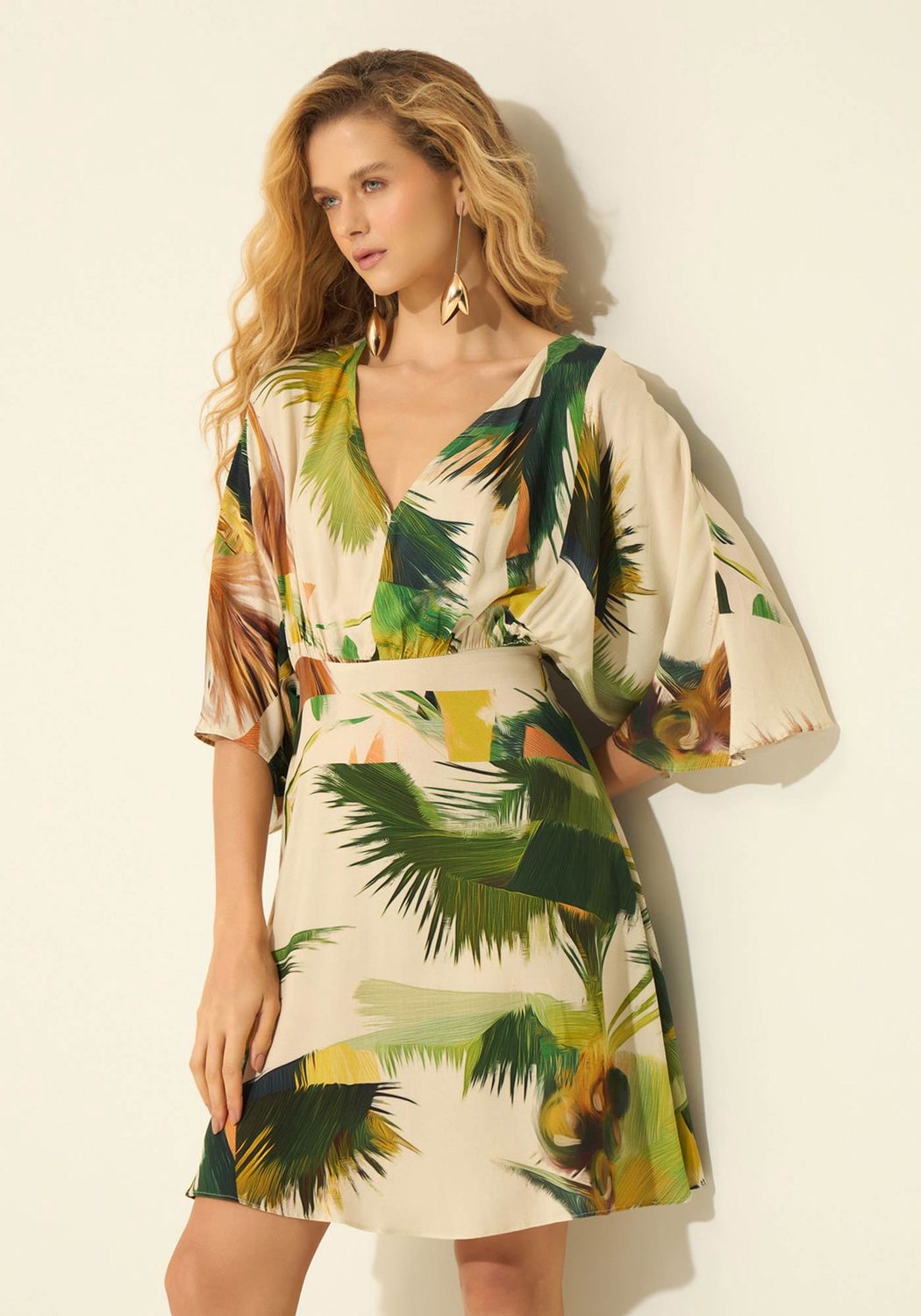 Lezalez Robe manches évasées col V élastique au dos imprimé feuillage vert 3567E