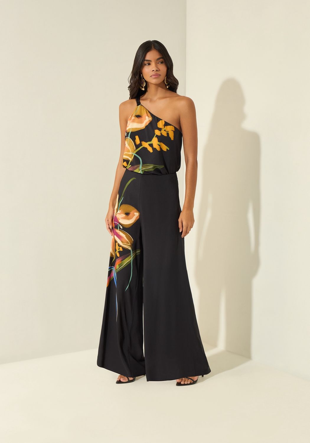 Lezalez Pantalon palazzo noir imprimé floral 3686E