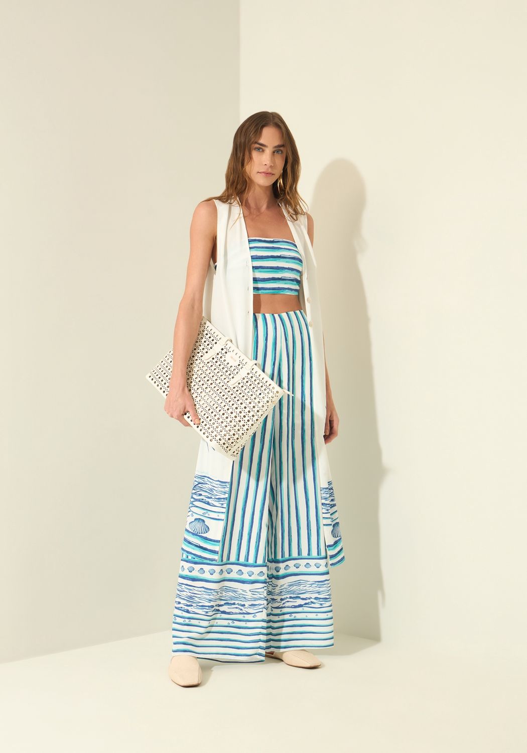 Lezalez Pantalon palazzo imprimé palmier bleu 3692E