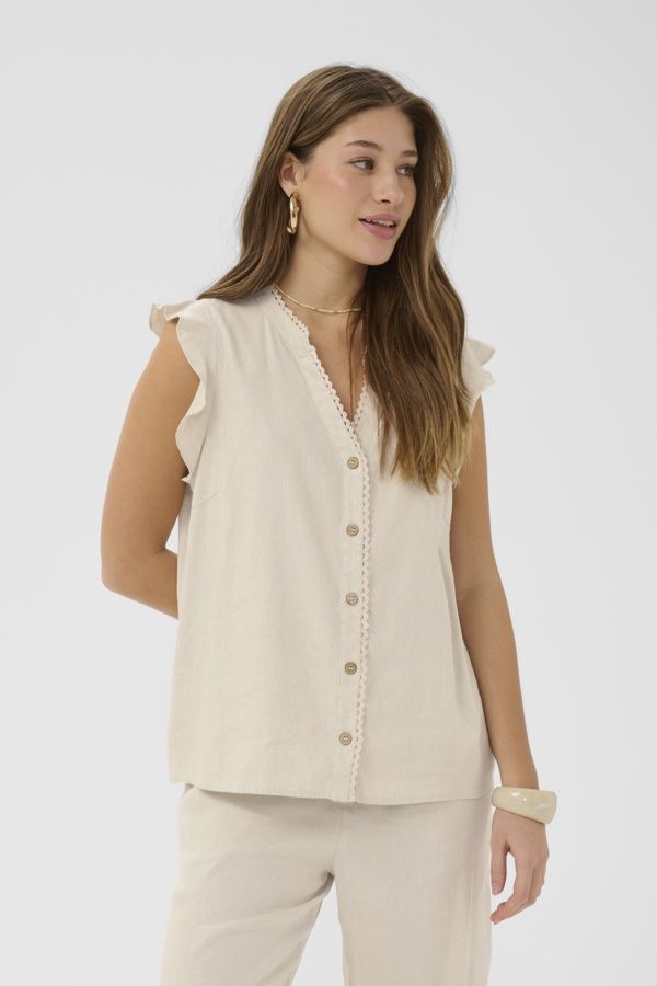 Cream Blouse en lin manches volants boutonnée avant avoine mélange 10615056