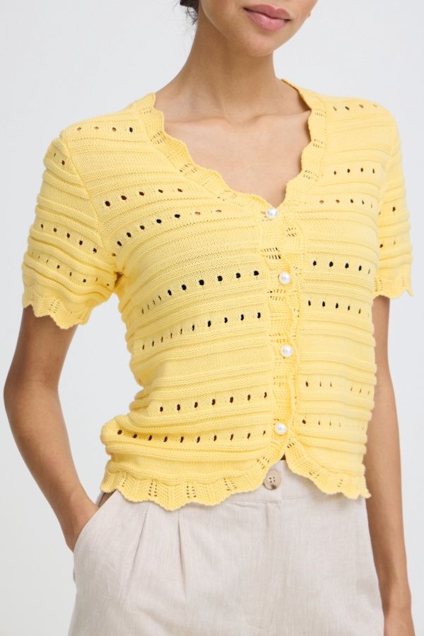 BYoung Cardigan ajouré jaune vanille manches courtes boutons perles col V 20818889