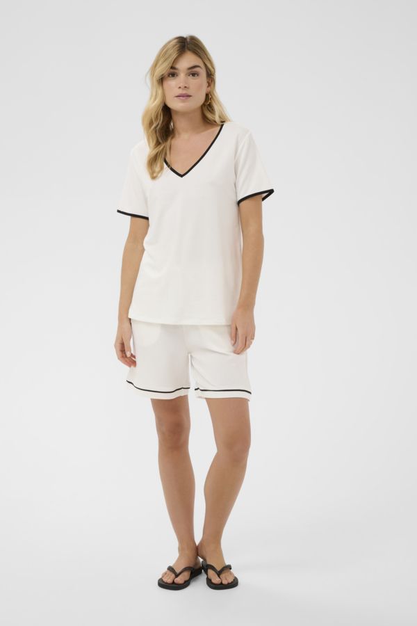 Cream T-Shirt offwhite bordure noire col V 10615006