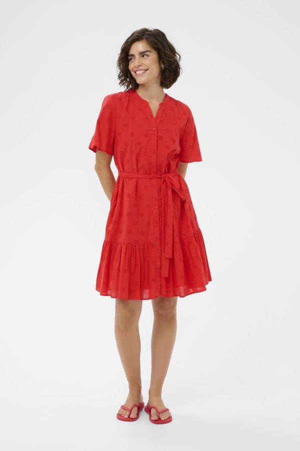 Kaffe Robe broderie manches courtes avec ceinture Poppy Red 10511555