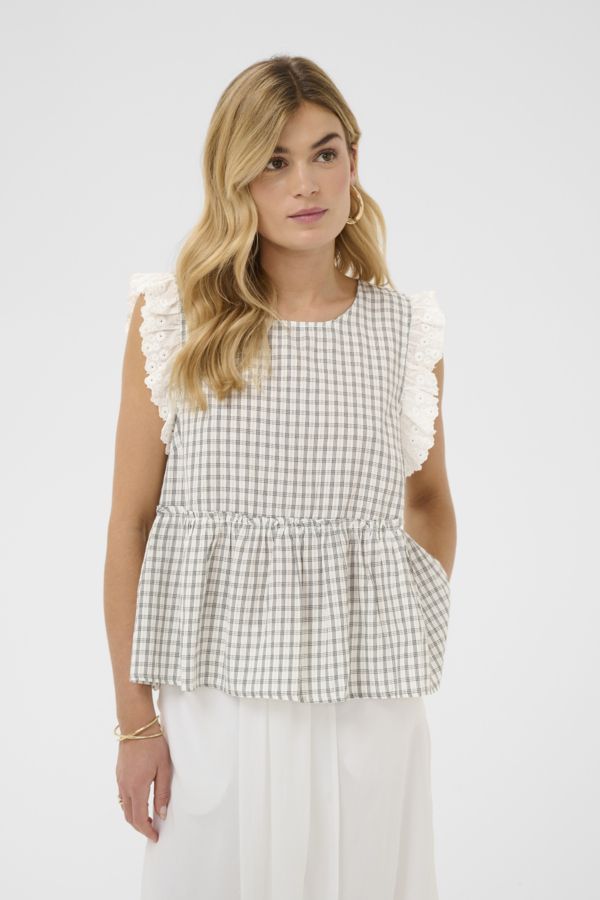 Cream Blouse black white check avec detail broderie aux manches  10615264
