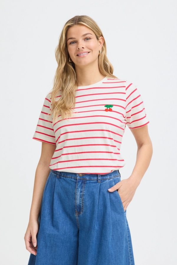 Fransa T-Shirt manches courtes col rond rayure rouge broderie cerise 20617765