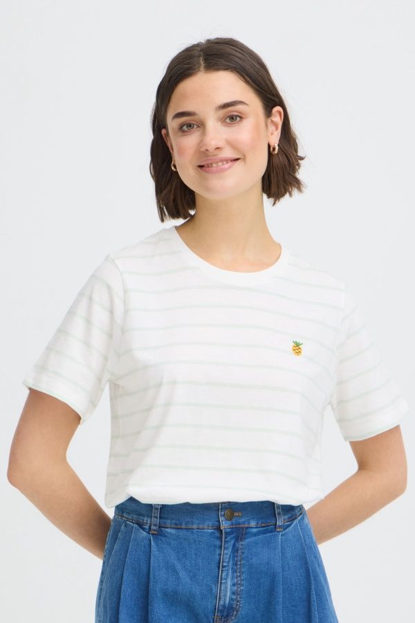 Fransa T-Shirt manches courtes col rond rayure vert menthe broderie ananas 20617765