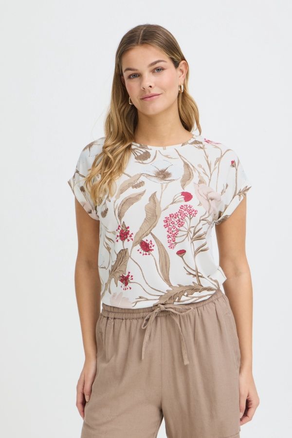 Fransa T-Shirt manches courtes col rond imprimé Savannah floral brun/rose 20610634