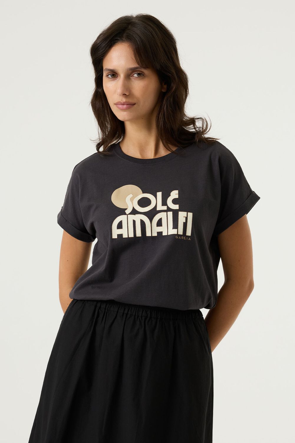 Garcia T-Shirt noir manches courtes col rond écritures SOLE AMALFI  Q260001