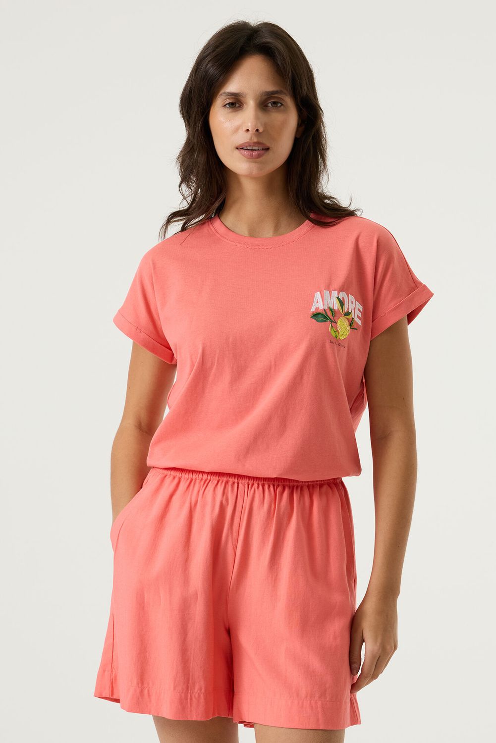 Garcia T-Shirt manches courtes col rond revers à la manche corail AMORE  Q260015