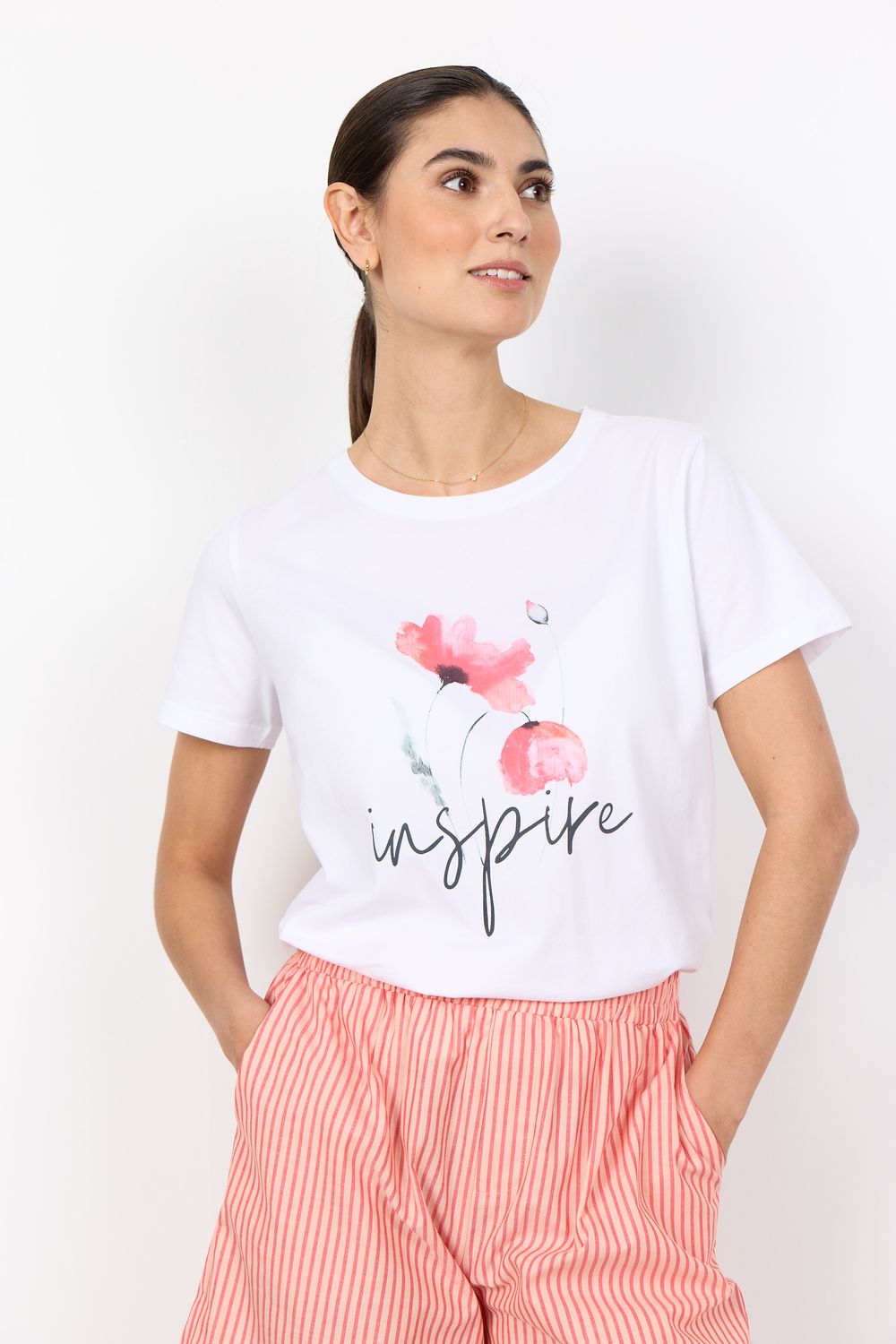 Soya Concept T-Shirt manches courtes col rond imprimé floral corail 27642