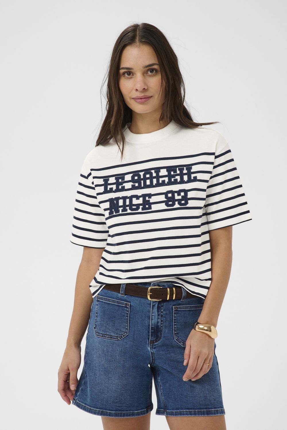 Kaffe T-shirt blanc à rayures marines écriture Le soleil 10511518