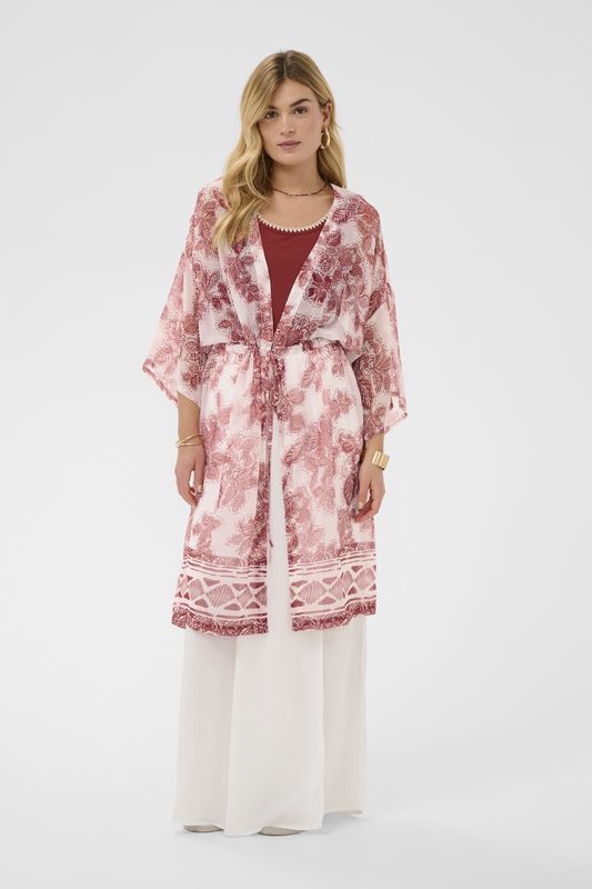 Cream Kimono offwhite à imprimé floral terracotta avec ceinture à nouer à la taille et manches amples 10615092