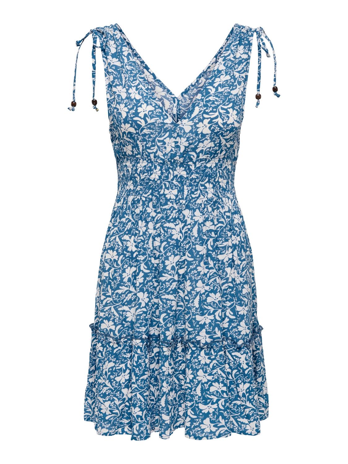 Only Robe courte sans manches col V taille nid d'abeille bleue motif floral blanc 15373070