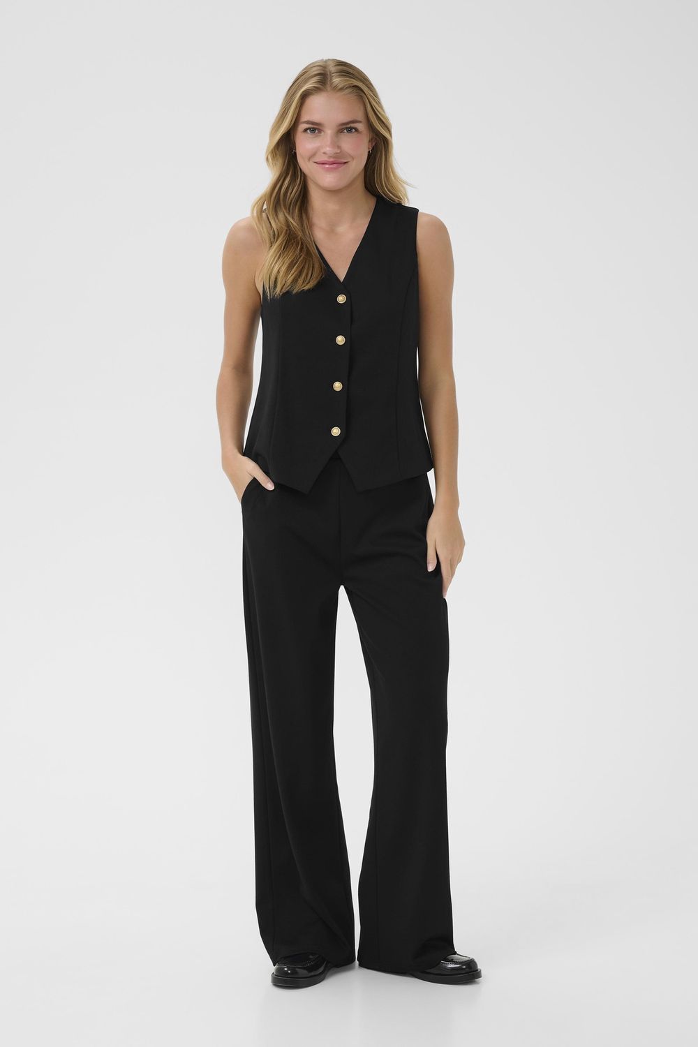 Cream Pantalon noir jambes larges taille élastique 10612047