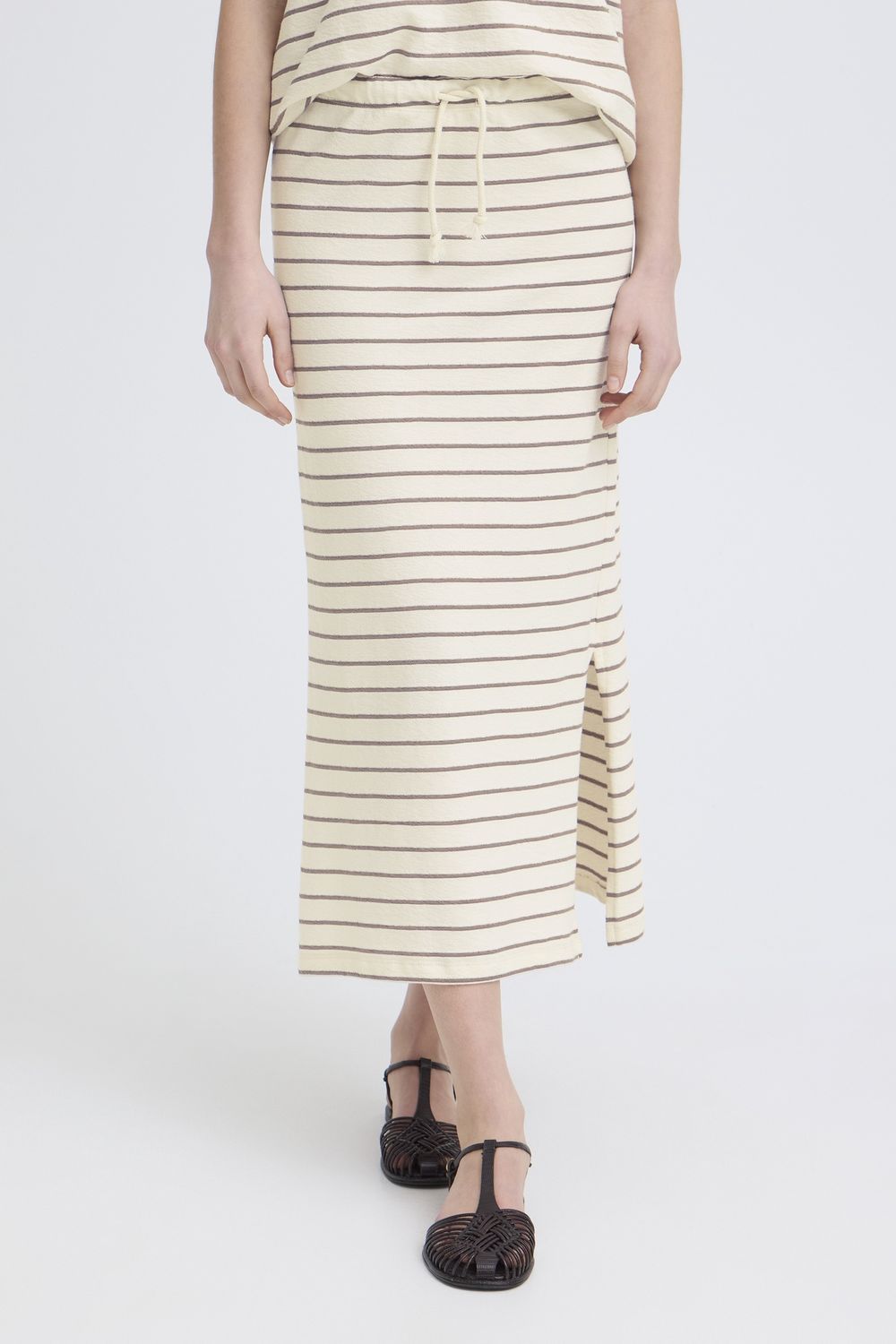 Fransa Jupe longue offwhite à rayures brunes cordon à la taille 20617723