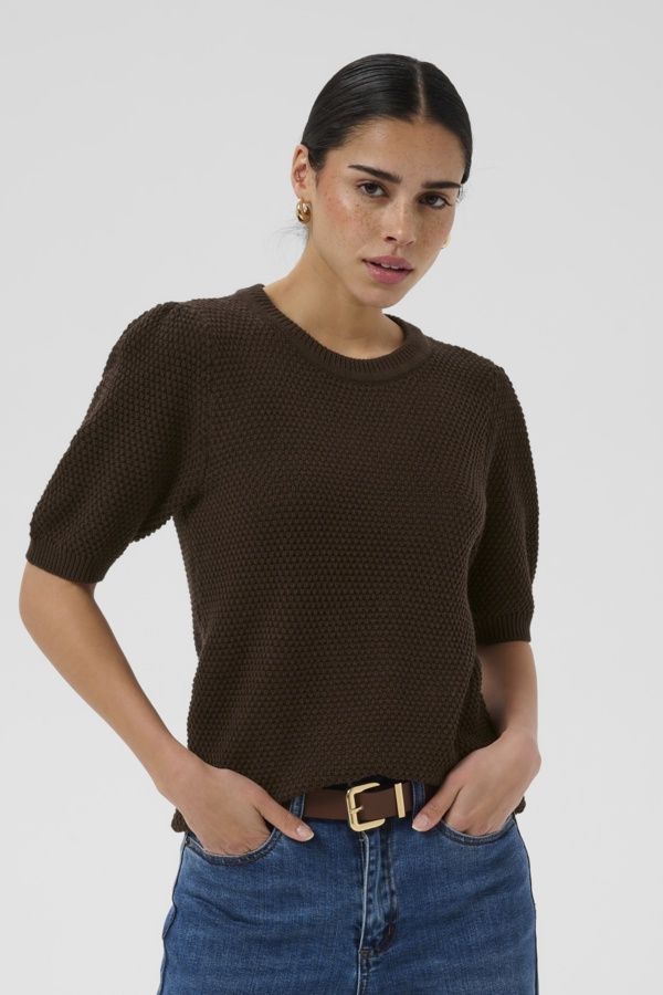 Kaffe Chandail tricot manches courtes légèrement bouffantes col rond Coffee Bean 10511817