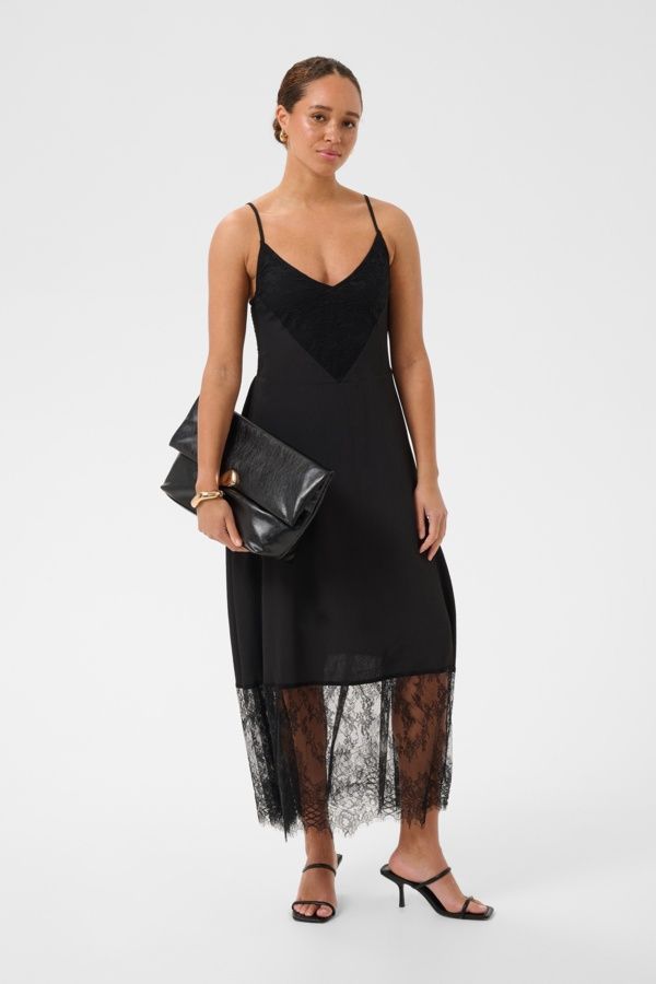 Kaffe Robe noire dentelle au bas et à l'avant au buste fines bretelles ajustables 10512100
