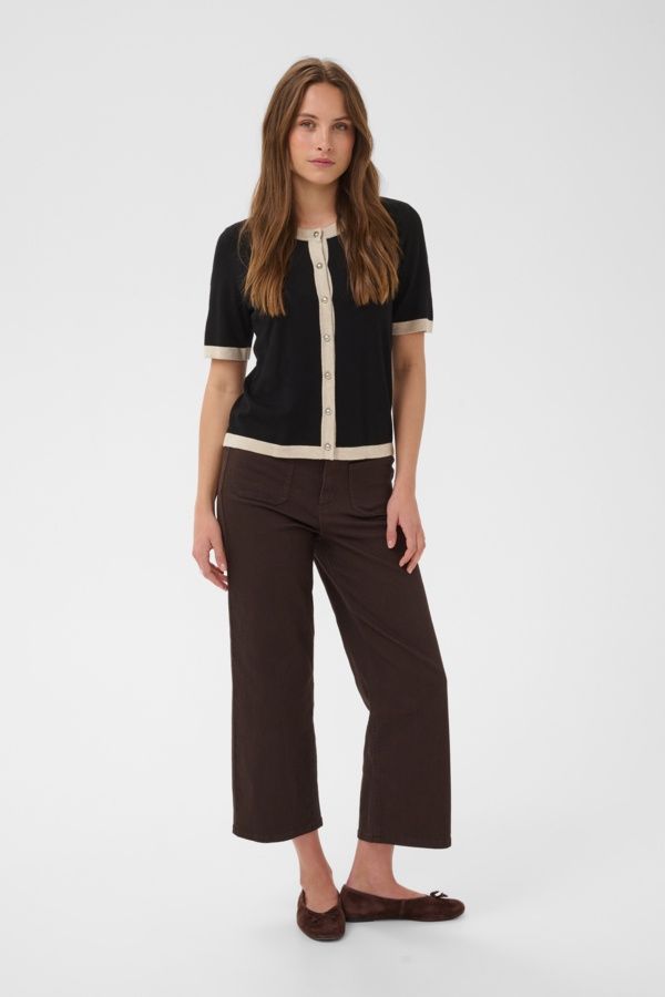 Kaffe Cardigan tricot léger noir contraste beige boutonné avant manches courtes 10511961