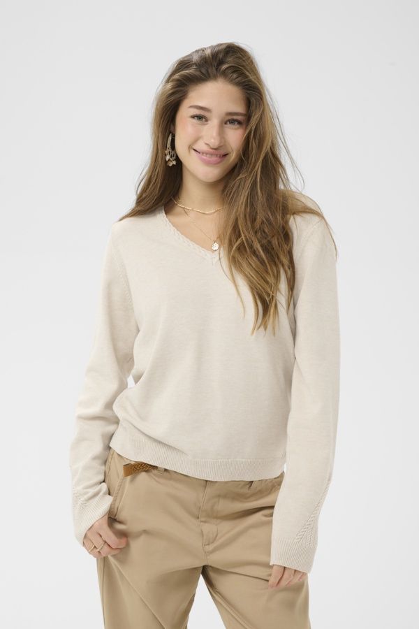 Cream Chandail tricot manches longues col V Avoine mélange 10615141