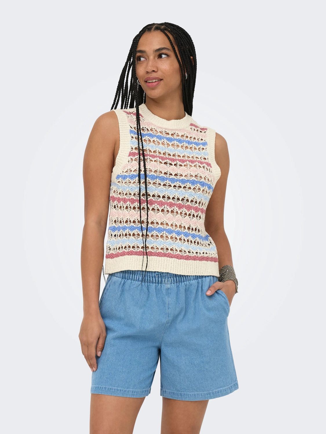 Only Haut sans manches crochet beige rayures 15373250