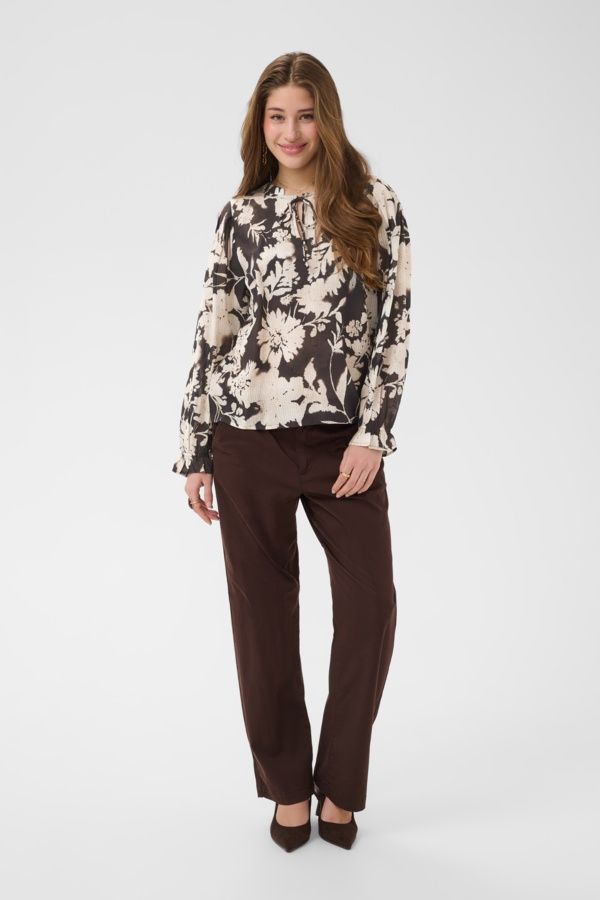 Cream Blouse manches longues sur élastique motif dark brown flower 10615173