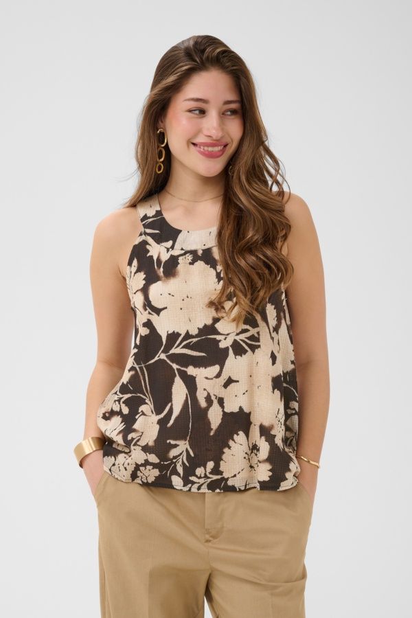 Cream Haut attaché au cou sans manches motif dark brown flower 10615249