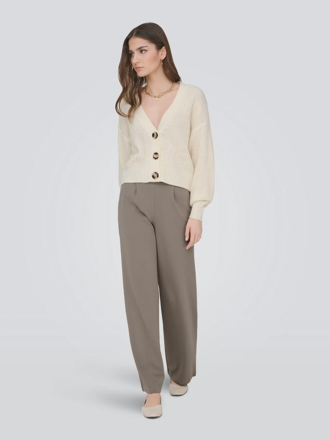 JDY Pantalon taupe droit extensible taille élastique 15208430