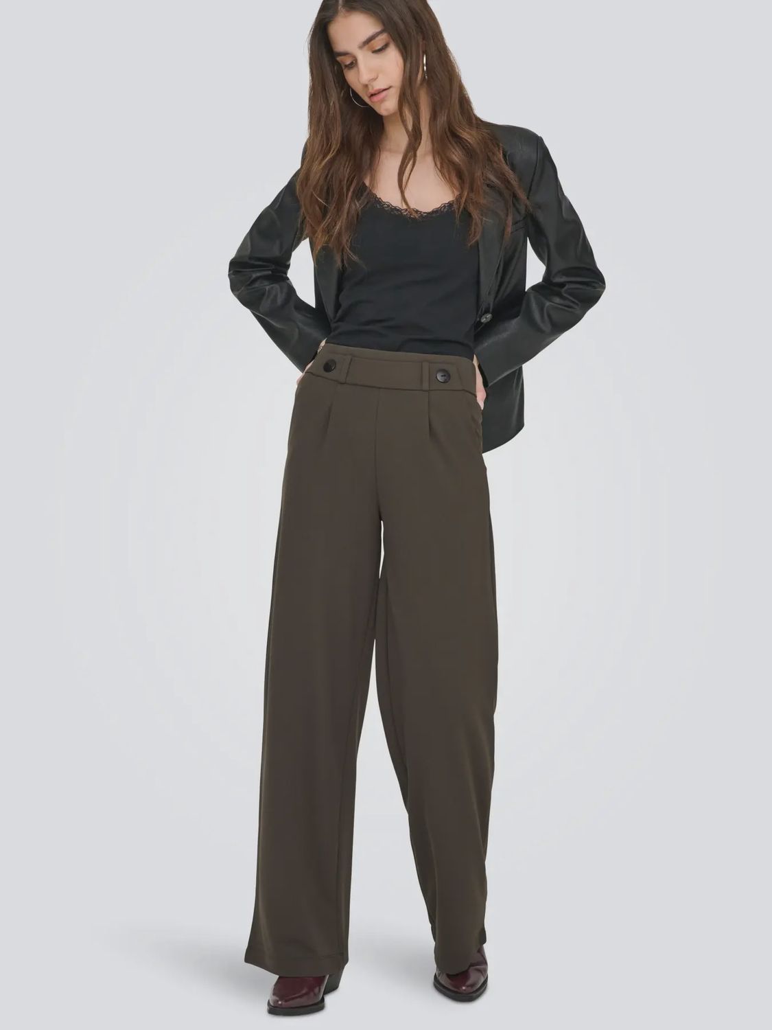 JDY Pantalon brun chocolat droit extensible taille élastique 15208430
