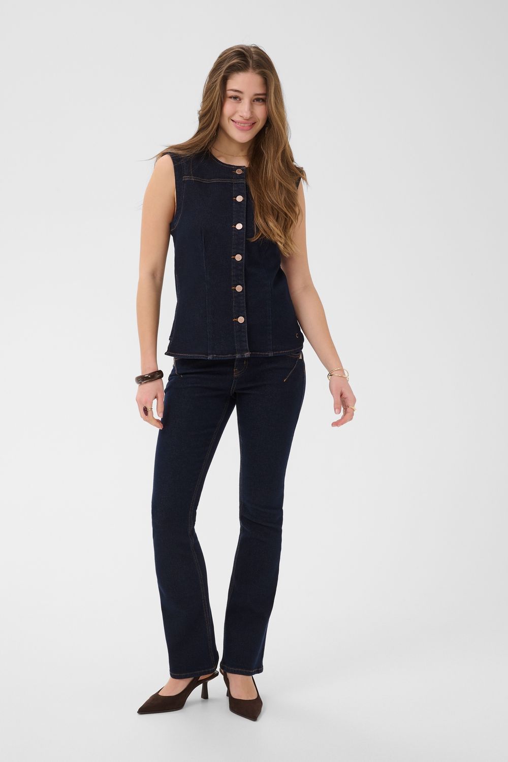 Cream Haut sans manches en denim bleu foncé avec boutonnière 10615211