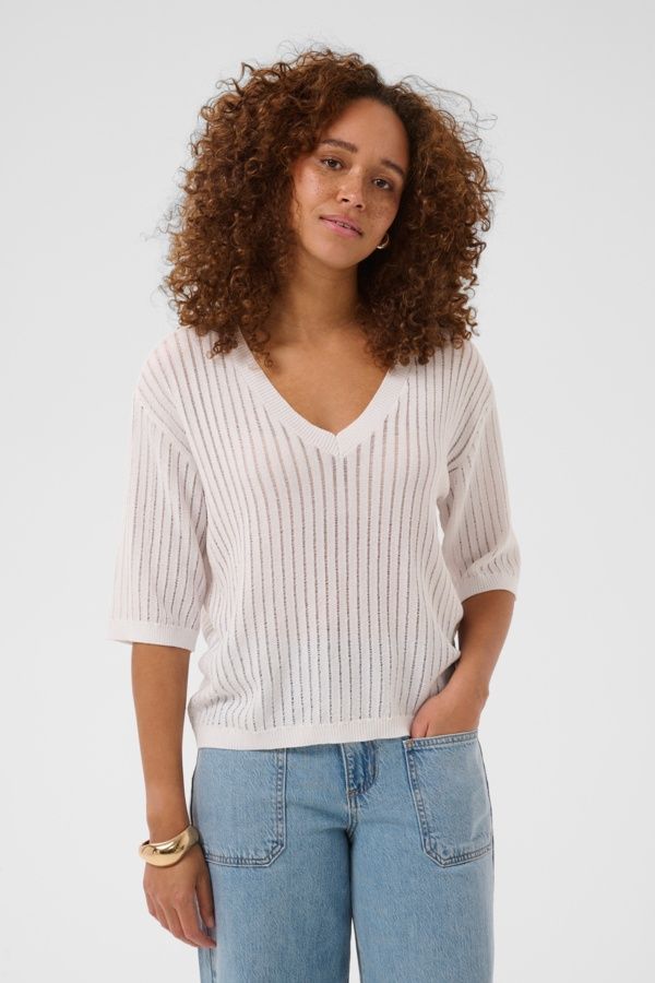 Kaffe Chandail tricot léger col V manches 3/4 Offwhite 10511927