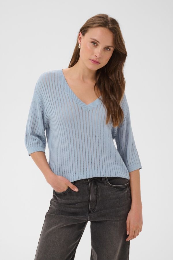 Kaffe Chandail tricot léger col V manches 3/4 Blue Fog 10511927