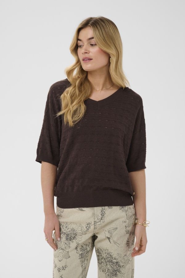 Cream Chandail tricot col V manches 3/4 Brun java 10615160