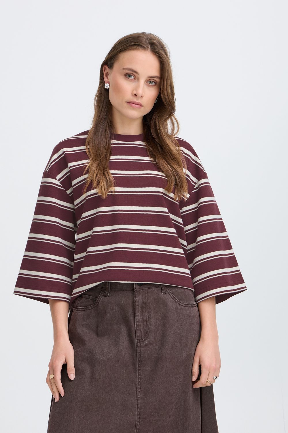 B.Young T-shirt style jersey à manches 3/4 à rayures offwhite et figue 20819315