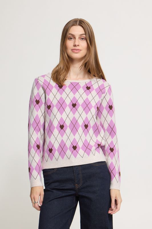 ICHI Chandail en tricot à manches longues couleur avoine et lilas avec motif de cœur brun 20126273