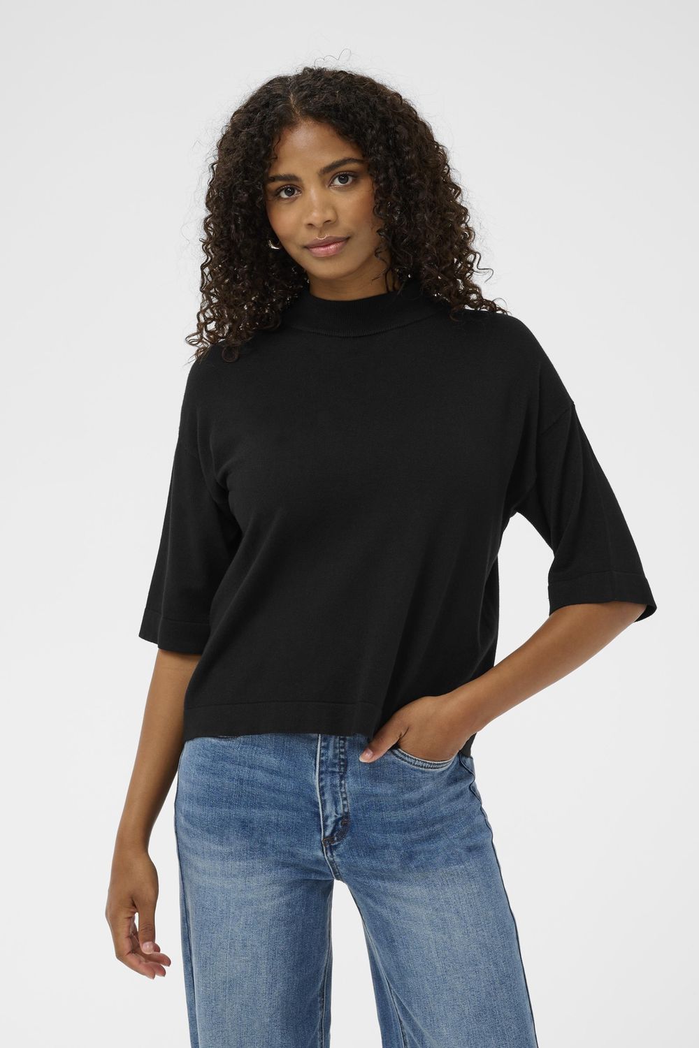 Kaffe Chandail en tricot noir avec col montant et manches aux coudes 10519536