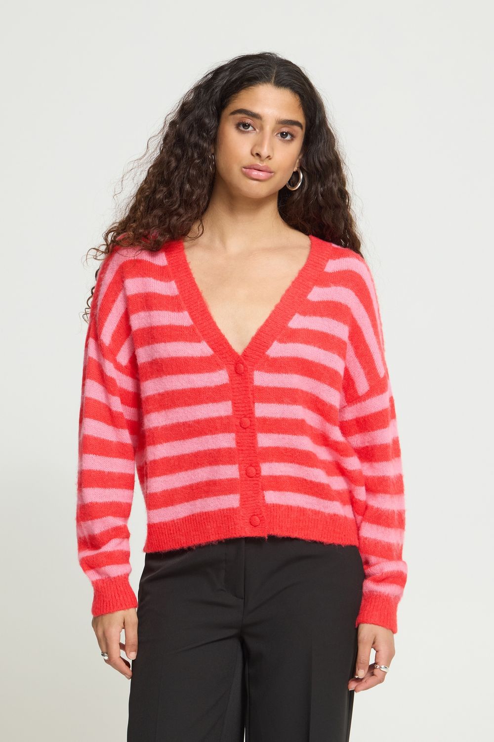 ICHI Cardigan en tricot de lainage rose à rayures rouges 20126389