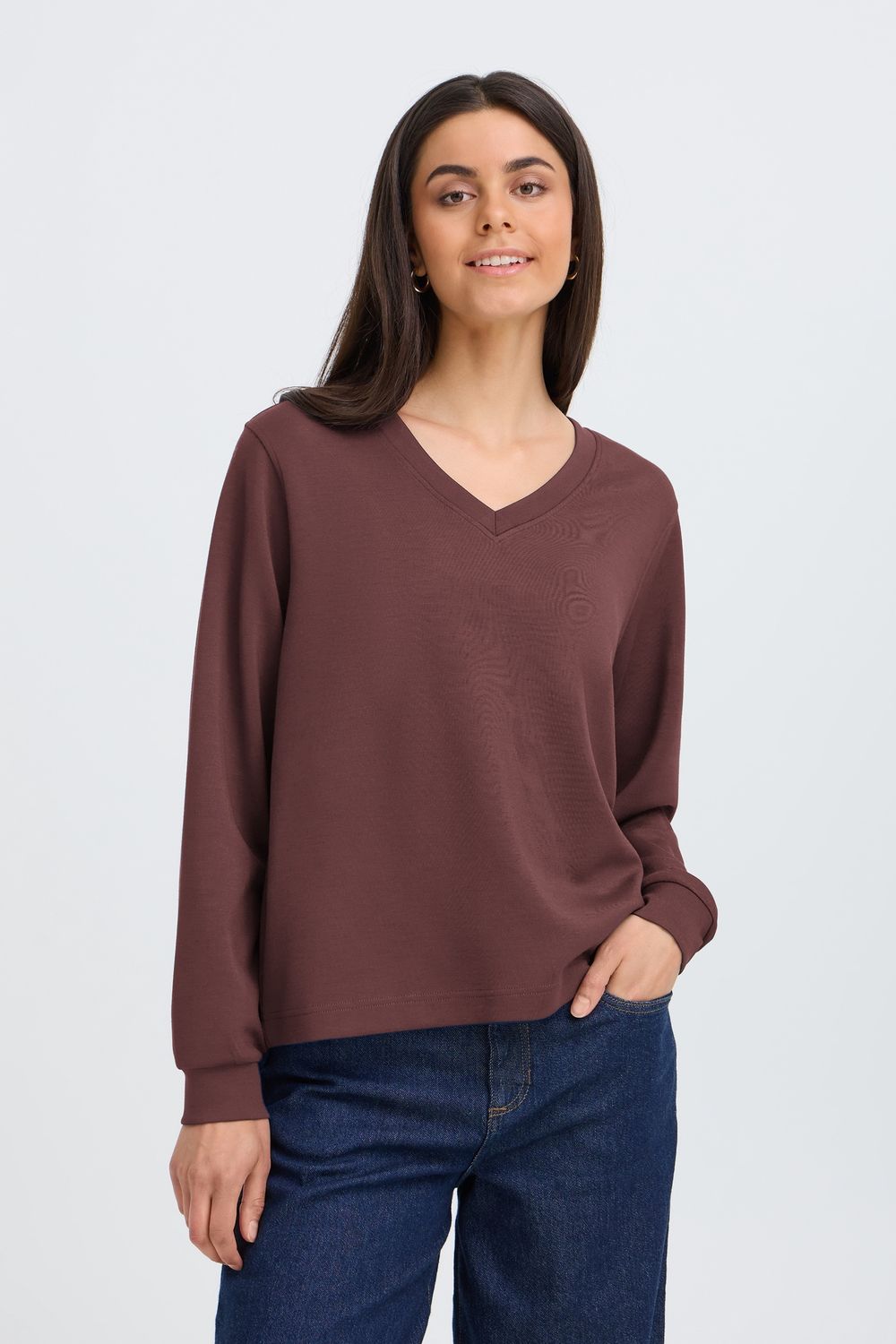 Fransa Chandail doux couleur rhum raisin à manches longues avec encolure en V 20618371