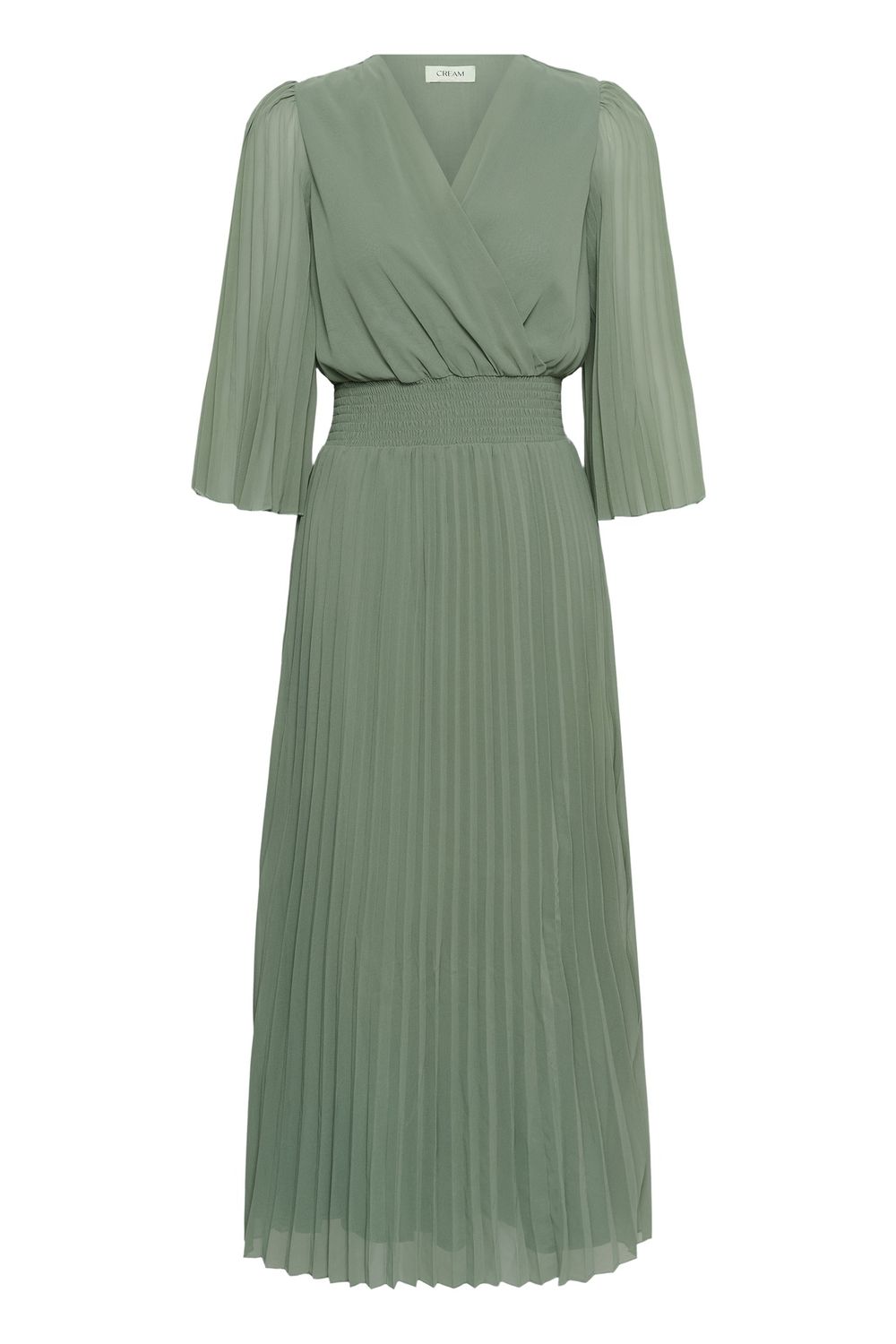 Cream Robe vert sauge plissée avec manches 3/4 évasées en transparence 10613994