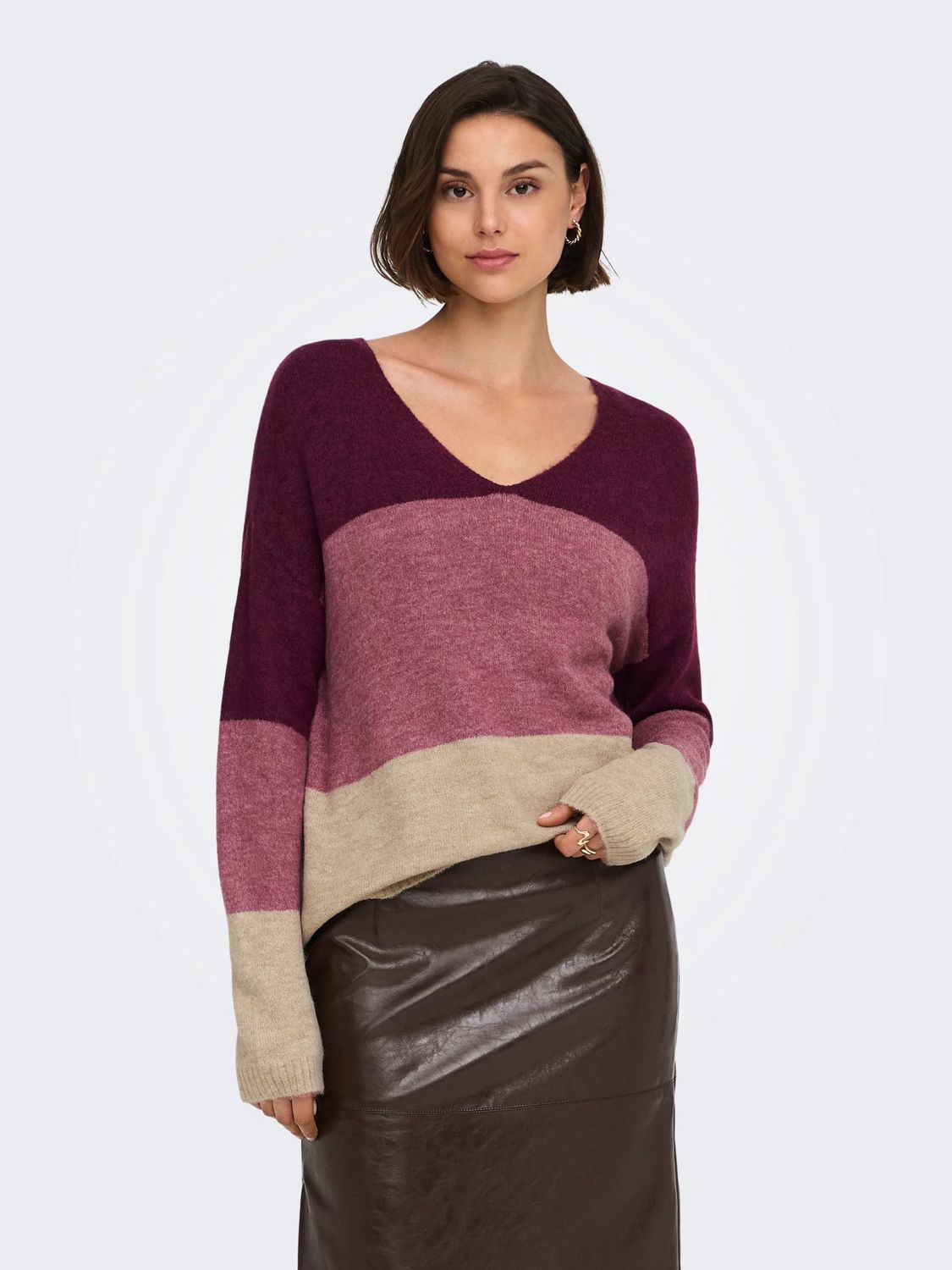 JDY Tricot Vneck colorblock bourgogne, rose et avoine 15376813