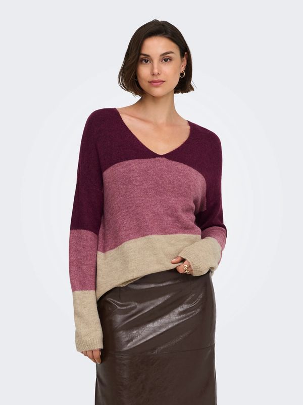 JDY Tricot Vneck colorblock bourgogne, rose et avoine 15376813