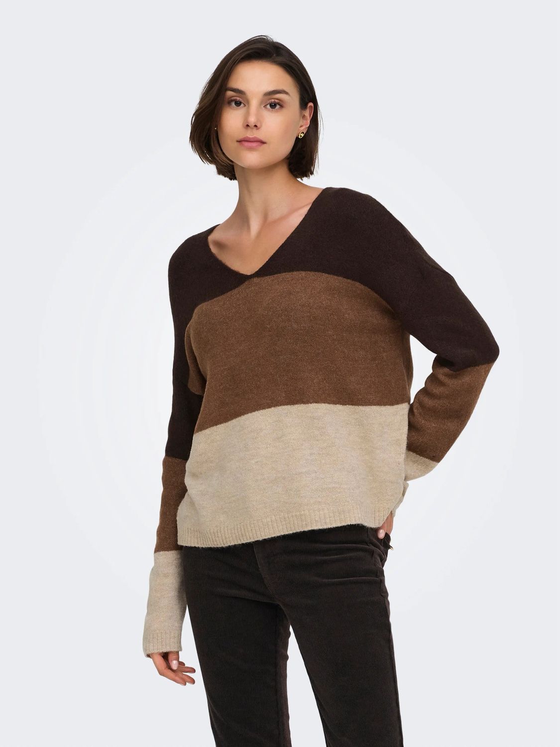 JDY Tricot Vneck colorblock avoine, brun et moka 15376813