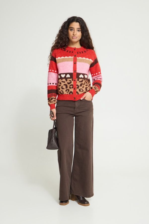 Ichi Cardigan tricot imprimé léopard et coeur rouge, brun et rose 20126179
