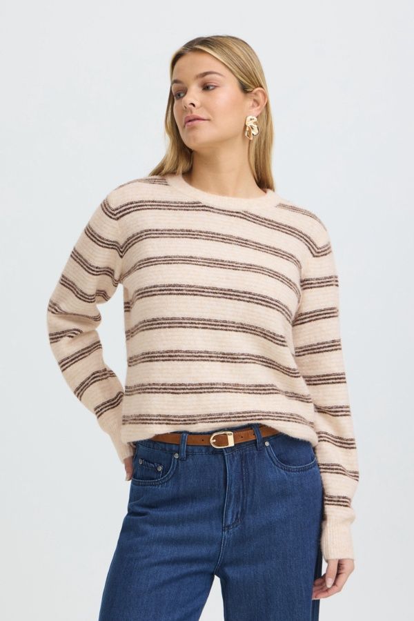Fransa Pull tricot lainage manches longues avoine mélange rayures brunes 20618101