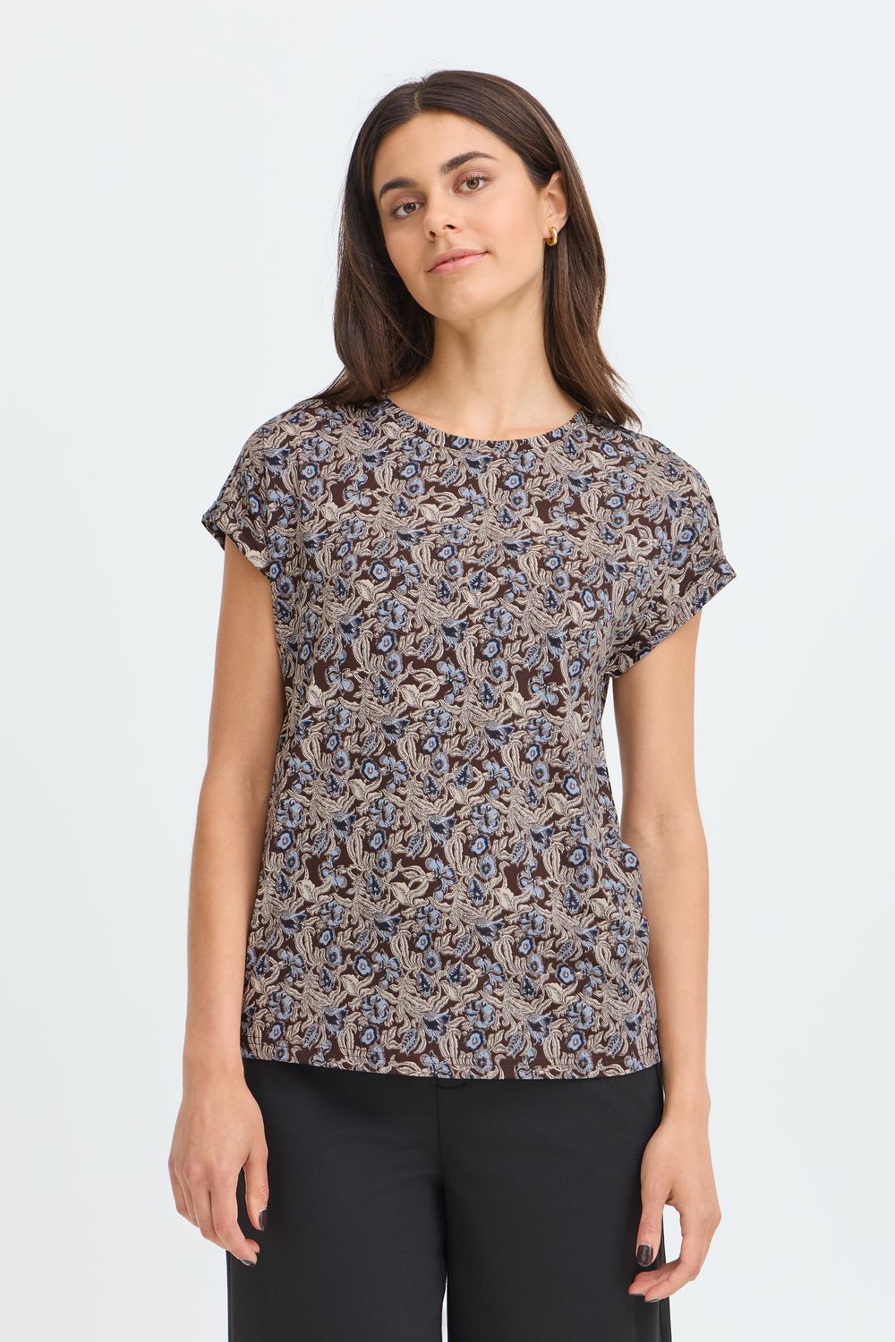Fransa T-shirt imprimé paisley bleu et brun chocolat avec revers aux manches 20610634