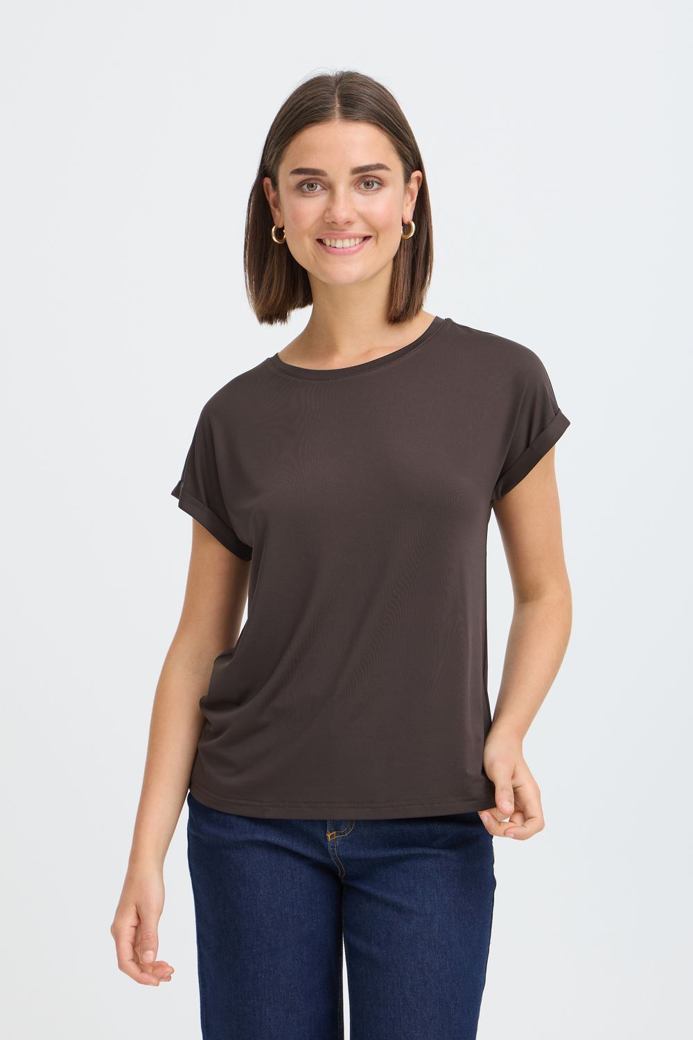 Fransa T-shirt brun chocolat uni avec revers aux manches 20610634